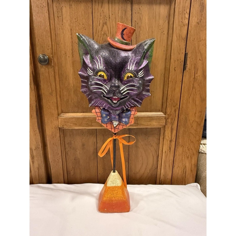 Vintage Primitive Style Handmade Halloween Black Cat Mask On Stick & Weighted